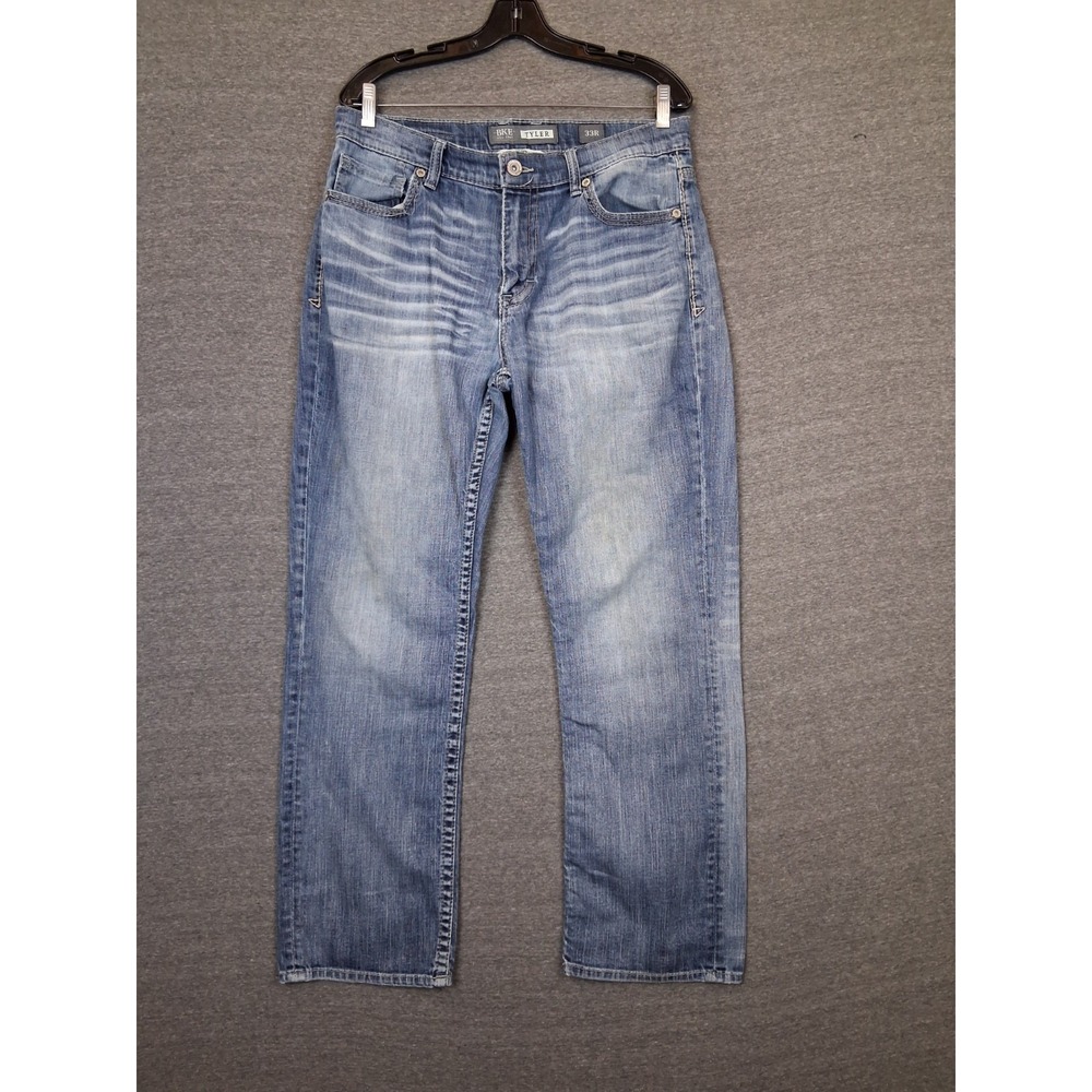BKE Mens Jeans 33R Blue Denim Tyler Straight Whiskered Thick Stitch Western